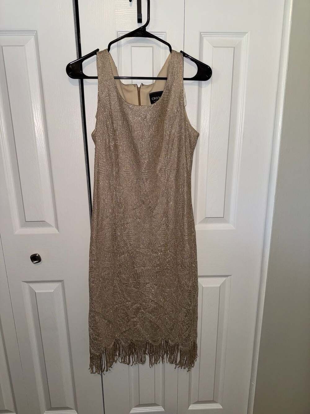 Vintage Onyx Nite by Wendy Chaitin Gold Metallic Knit Fringe Hem Dress Size 10